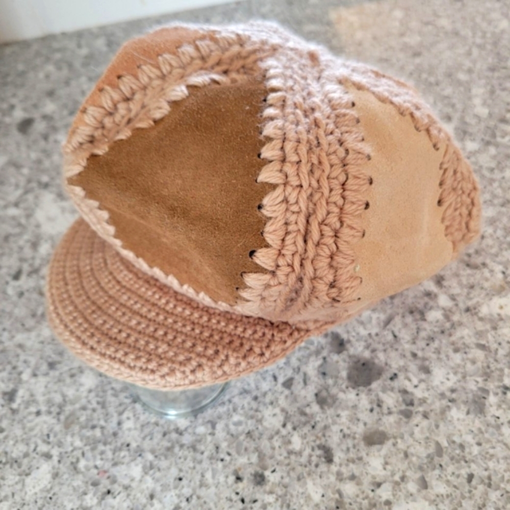 Vintage Liz Claiborne Suede and Wool Yarn Patchwork Paperboy Cap/Hat
